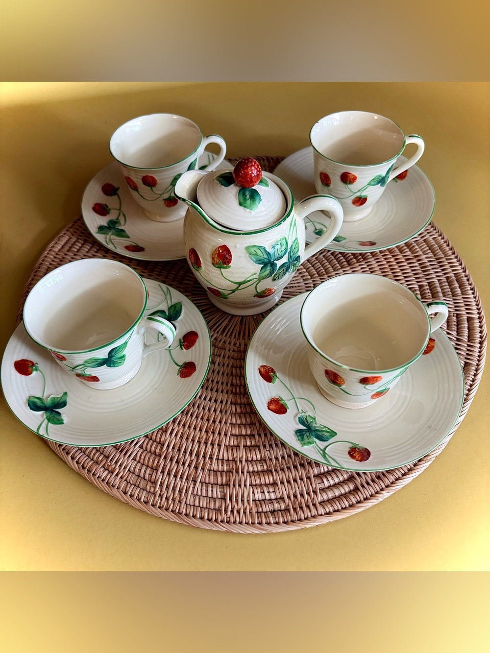 Vintage Itigo Japan Hand Painted Strawberry Tea/Espresso Set 9 Piece